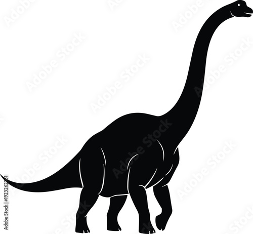 Sauropod dinosaur silhouette, black vector illustration of long neck prehistoric creature with tail, iconic ancient animal design for artwork