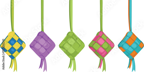 Colorful Ketupat Rice Dumplings Hanging Traditional Eid al Fitr Islamic Festival Decoration Cartoon Vector Illustration Set