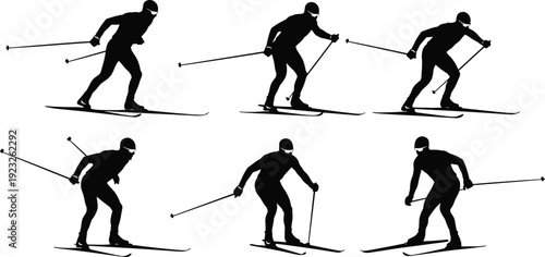 Black silhouette collection of six cross-country skiers in various stages of motion, featuring rhythmic poling and gliding techniques on a white background