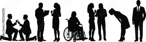 Black silhouette business people interaction set vector illustration, professional men and women social situations including teamwork communication disability inclusion isolated on white background