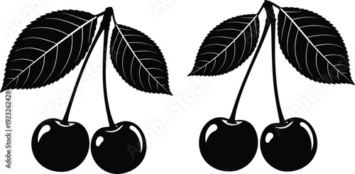 Black silhouette cherry fruit vector illustration with leaves, minimal design, isolated on white background, fresh organic berry artwork for decoration, printing