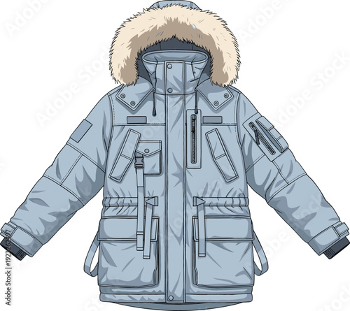 Light blue heavy winter parka jacket vector illustration with faux fur hood and tactical utility pockets for outdoor adventure and cold weather fashion.