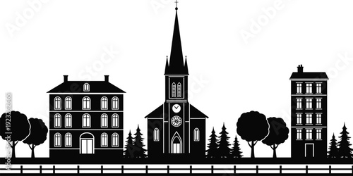 Black silhouette cityscape vector illustration with church building, residential houses and trees, isolated on white background for urban architecture town landscape design