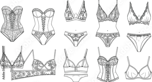 Black and white vector line art illustration set of diverse lace lingerie including bras panties corsets and floral embroidery for fashion branding and retail