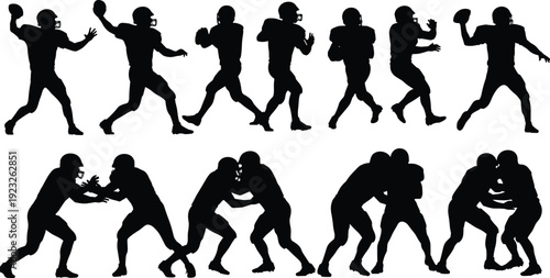 Black silhouette collection of American football players in various action poses, showing throwing, passing, tackling, and blocking moves, depicting game intensity