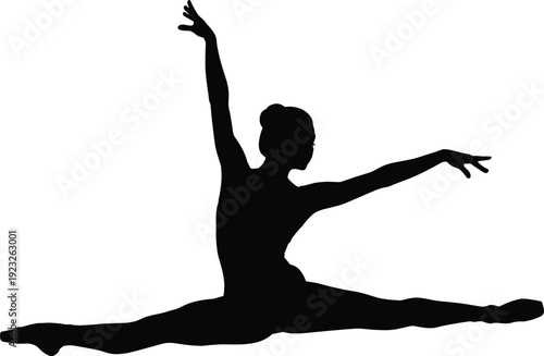 Black silhouette illustration of a female rhythmic gymnast performing a full floor split with elegant arm positioning on a white background