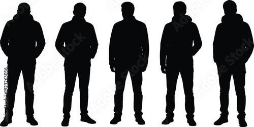 Vector black silhouette illustration of five diverse men standing in casual winter jackets and hoodies isolated on white background for group fashion concept design,