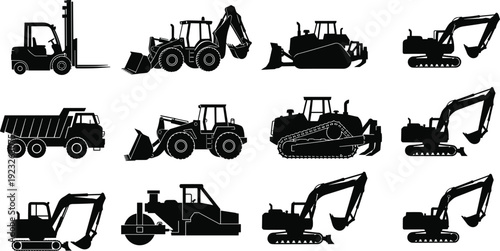 Black silhouette construction machinery vector illustration set, heavy equipment vehicles collection for industrial design, engineering projects, infrastructure development, and building graphics