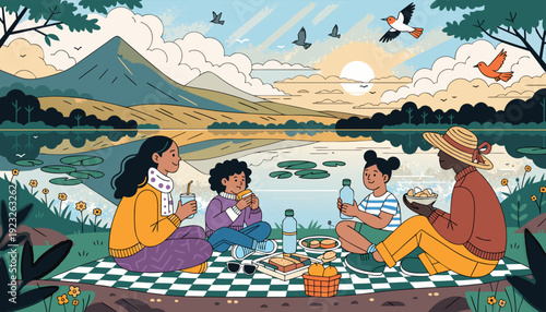 A serene gathering of friends by a lakeside under a warm sunset glow Vector