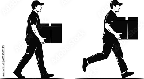 Black silhouette delivery man carrying boxes, walking and running poses, courier logistics service illustration, shipping and transportation concept, fast delivery workflow, minimal design style
