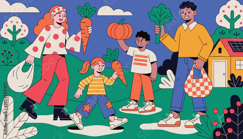 Family enjoying a sunny day harvesting fresh vegetables together in a garden Vector