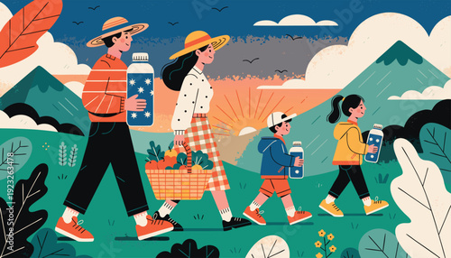 Family enjoying a scenic picnic adventure in a vibrant outdoor landscape Vector