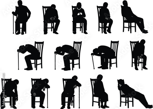 Black silhouette elderly man sitting poses vector illustration showing aging loneliness fatigue retirement emotions isolated on white background minimal chair collection