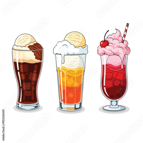 Three colorful milkshakes with ice cream and toppings