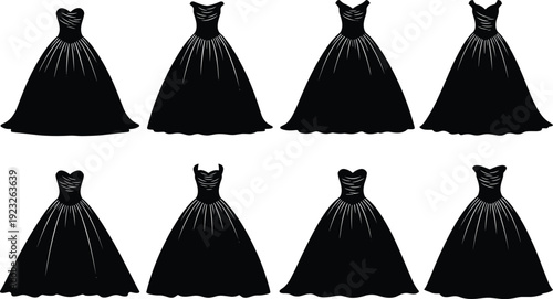 Black silhouette elegant evening dresses vector illustration, women formal gowns collection, fashion boutique apparel icons set, wedding party luxury clothing design