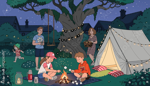 A joyful camping trip with friends around a cozy campfire under the stars Vector