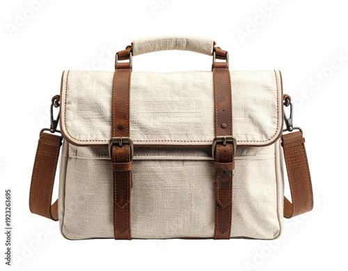 Rustic beige canvas messenger bag featuring rich brown leather accents and sturdy metal buckles suitable for work or travel  