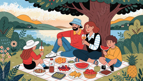 Family enjoying a picnic by a serene lakeside under a large tree Vector