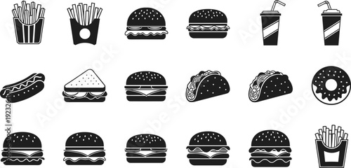 Black silhouette fast food icons set featuring burgers fries drinks tacos donuts and sandwiches, isolated on white background for restaurant menus, packaging, and digital design.