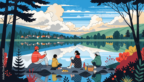 A serene lakeside gathering under a vibrant autumn sky with friends Vector