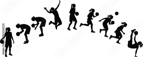 Black silhouette female basketball player motion sequence vector illustration, dynamic sports action poses with ball, athletic movement concept isolated on white background