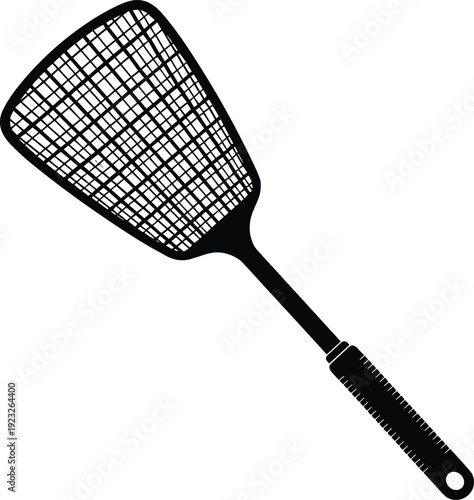 Black silhouette fly swatter vector illustration, simple household pest control tool with handle and mesh head, minimal utility object isolated on white background