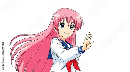 anime girl with long pink hair in school uniform waving
