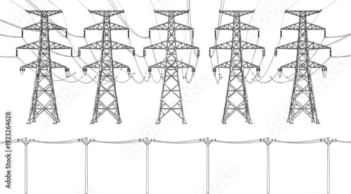 Collection of High Voltage Electric Transmission Towers and Power Line Utility Poles Vector Illustration for Industrial Energy Grid Infrastructure and Electrical Engineering Supply Concepts