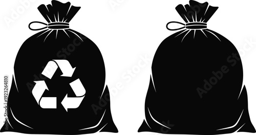 Black silhouette garbage bags with recycling symbol vector illustration, waste management and trash disposal concept showing recyclable and non recyclable refuse isolated on white background