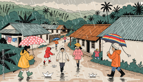 Vibrant village scene with people walking under colorful umbrellas on a rainy day Vector