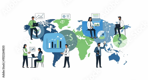 Global business professionals collaborating across continents on financial data and technology