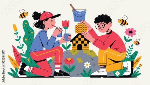 Two gardeners sharing a moment of joy amidst colorful flowers and plants. Vector