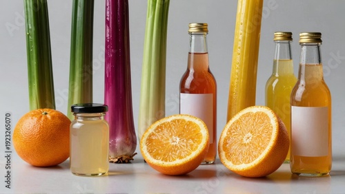 A collection of bottled citrus juices with the fruits they come from placed beside each bottle