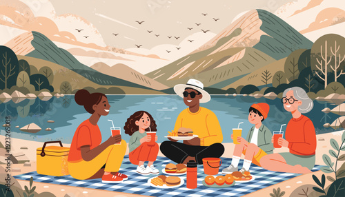 A family enjoys a picnic by the tranquil lakeside with mountains in the background Vector