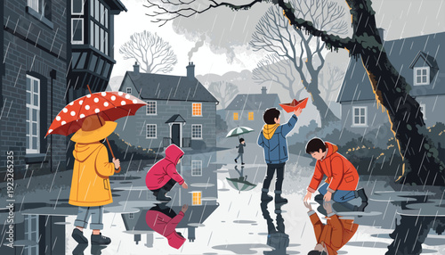 Children playing joyfully in a snowy village street under umbrellas and flurries Vector