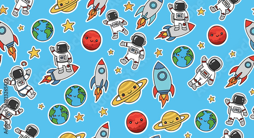 Cute Astronauts, Rockets, Planets, and Earth Seamless Pattern on Blue Background