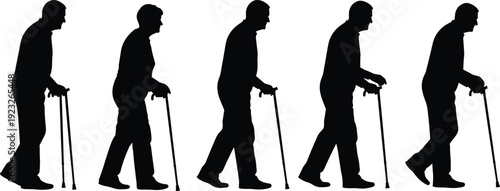 Black silhouette elderly man walking with cane sequence vector illustration, aging mobility progression showing senior movement support concept isolated on white background