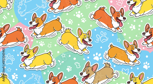 Cute Corgi Dogs Pattern: Happy, Playful, Cartoon Animals on Pastel Background