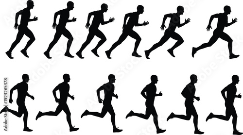 Black silhouette group of male athletes running and jogging in two rows, depicting marathon training, competitive fitness, speed, endurance, and physical activity vector illustration