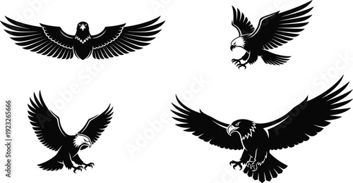Flying eagle silhouette vector illustration, black bird graphic design, attacking predator pose, freedom symbol, wildlife art, isolated icon