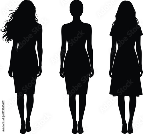 Vector black silhouette illustration of three diverse elegant women standing in various fashion dresses with long wavy hair and sleek hairstyles on white background.