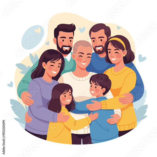 Diverse family members hugging and smiling together