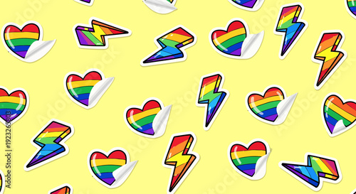 Rainbow Heart and Lightning Bolt Stickers Seamless Pattern