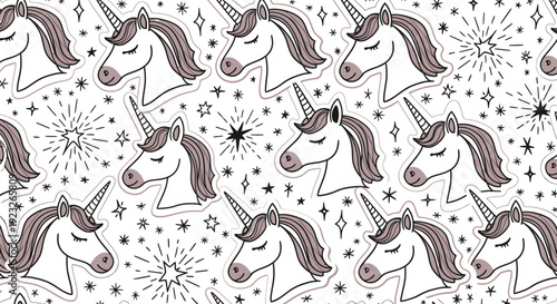 Seamless Pattern with Unicorn Heads and Stars on White Background