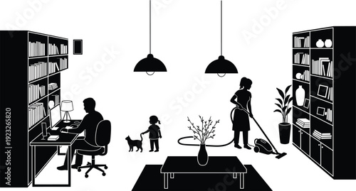 Black Silhouette Home Scene with Man Working on Computer, Woman Vacuuming, and Child Playing with Cat, Vector Illustration of Work-Life Balance and Domestic Activities.