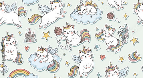 Whimsical Unicorn Cats with Wings and Rainbows Seamless Pattern