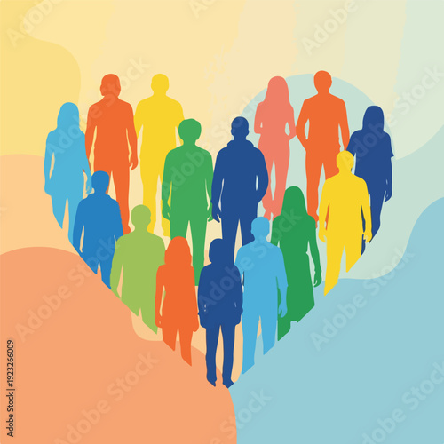 Diverse People in a Heart Shape with Rainbow Colors