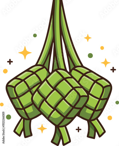 Illustration of ketupat rice dumpling wrapped in woven palm leaves.