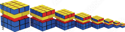 3D isometric illustration of multicolored block stacks in a descending sequence representing data visualization, declining growth, or modular construction