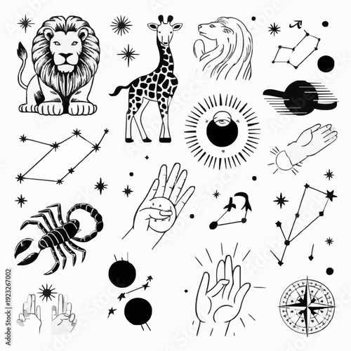 Mystic Celestial Vector Set: Astrology Zodiac Signs, Palmistry Hands, and Sacred Geometry Icons
